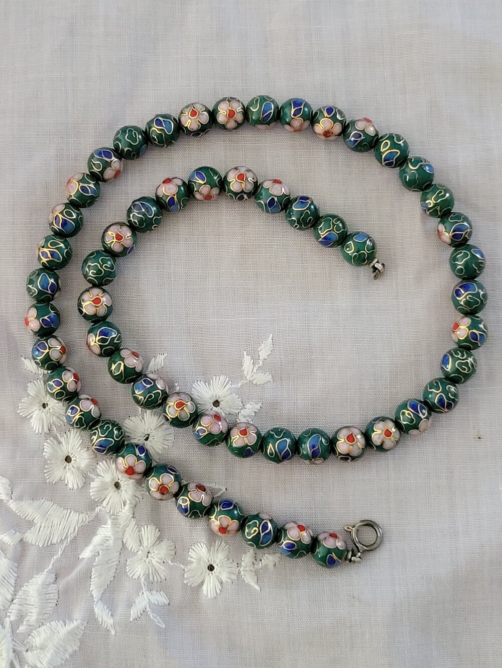 Vintage Green Cloisonne Beaded Necklace
